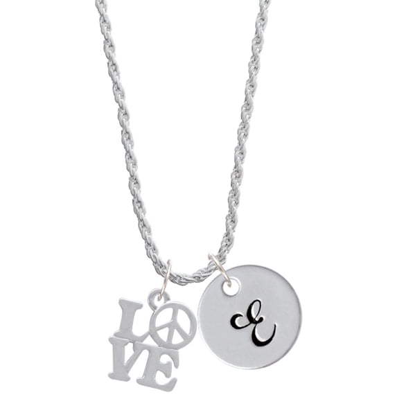 Delight Jewelry Love with Peace Sign Silvertone Script Initial Disc - E - Charm Necklace, 20"+3"