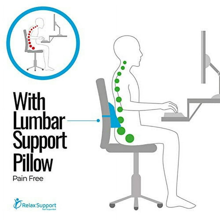  Relax Support RS11-X Lumbar Support Pillow - Medium Firm Memory  Foam Office Chair Back Support - Promotes Spinal Alignment & Better Posture  - Non-Slip Strap, Washable Cover - Fits Wheelchair, Recliner 