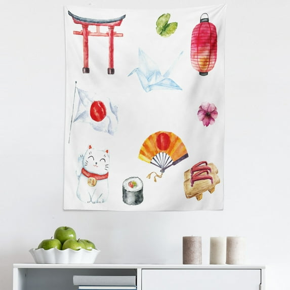 Japanese Tapestry, Hand Drawn Traditional Elements Watercolors Torii Gate Origami Bird Flag Lacky Cat, Fabric Wall Hanging Decor for Bedroom Living Room Dorm, 5 Sizes, Multicolor, by Ambesonne