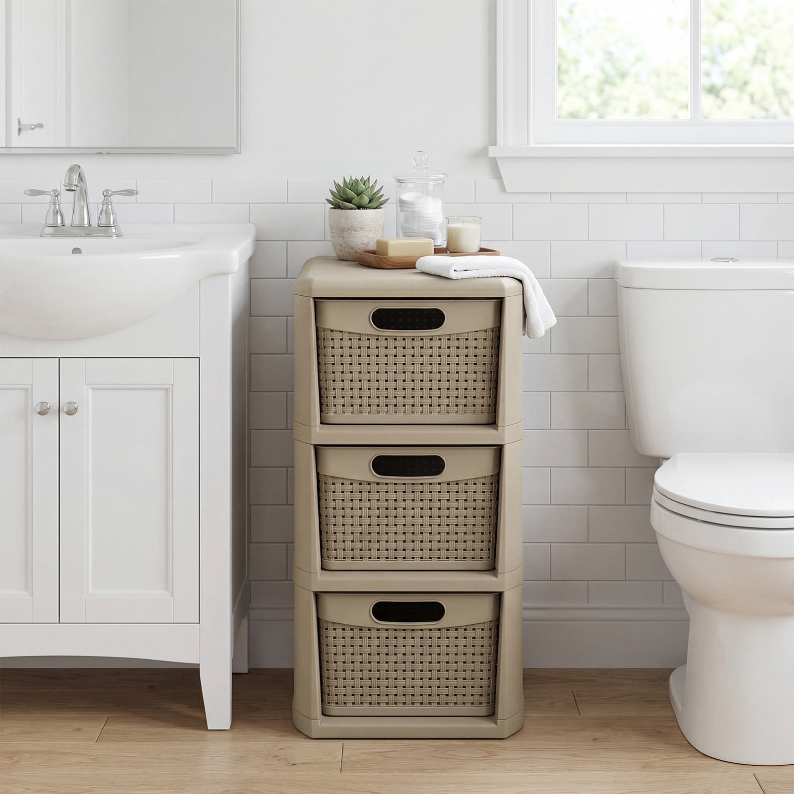 Costway 1 PCS 3-Drawer Storage Cabinet with Wicker Patterns, Handles for Bedroom, Bathroom Tan