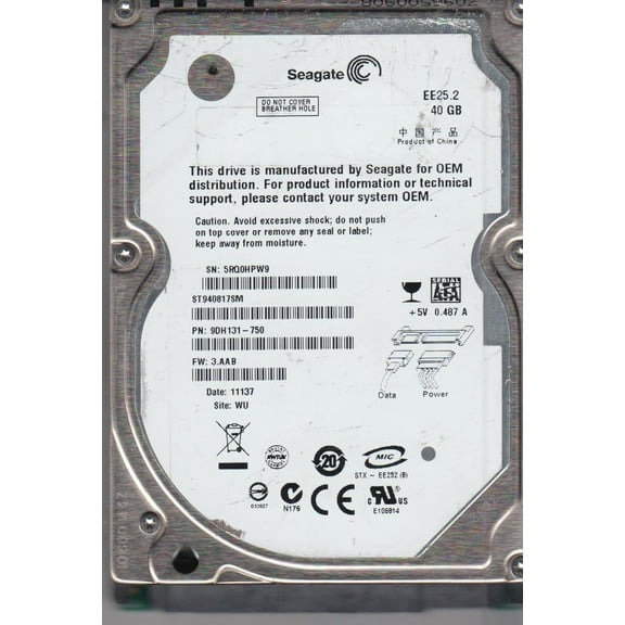 ST940817SM, 5RQ, WU, PN 9DH131-750, FW 3.AAB, Seagate 40GB SATA 2.5 Hard Drive