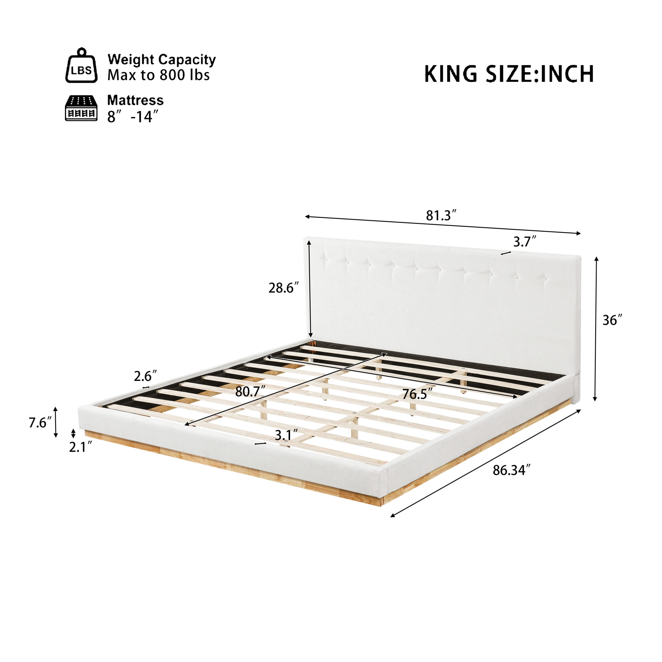 Christopher Knight Home King Size Minimalist Bed Frame with Chenille Headboard, Solid Wood, White