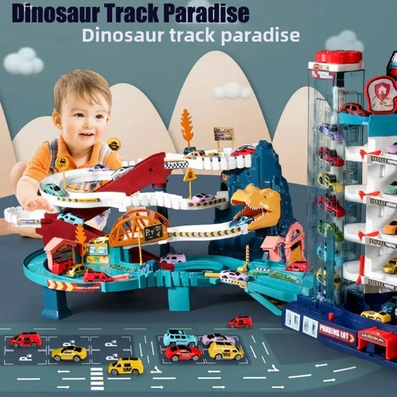 Remote Control Dinosaur Track Set for 3-4 Year Old Boys - Educational Puzzle Toy with Compact Design, Safe Plastic Material, and Interactive Motor Skill Development for On-the-Go Adventure Play