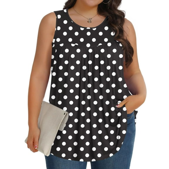 Plus Size Tank Tops for Women Sleeveless Round-Neck Pleats Round Dot Printed T-shirt Black XXXXL