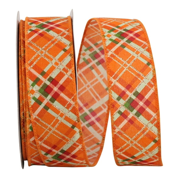 Reliant Ribbon - 93581W-001-09H, Orange Plaid Tonal Sparkle Wired Edge Ribbon, Multi, 1-1/2 Inch, 20 Yards