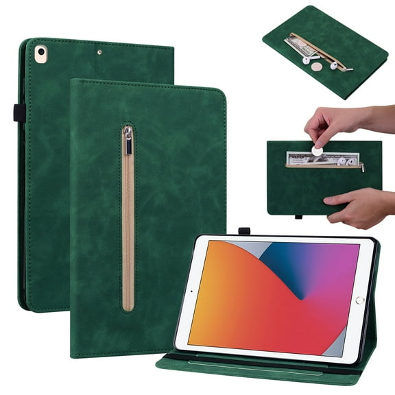 Decase for ipad 56/pro 9.7 inch 2016/2017/2018 Sleepable Pure Color Zipper Wallet Card Slot Pen Slot ipad Case, Soft TPU Back Shock Resistant Drop ipad Case for iPad 6th Generation, Green