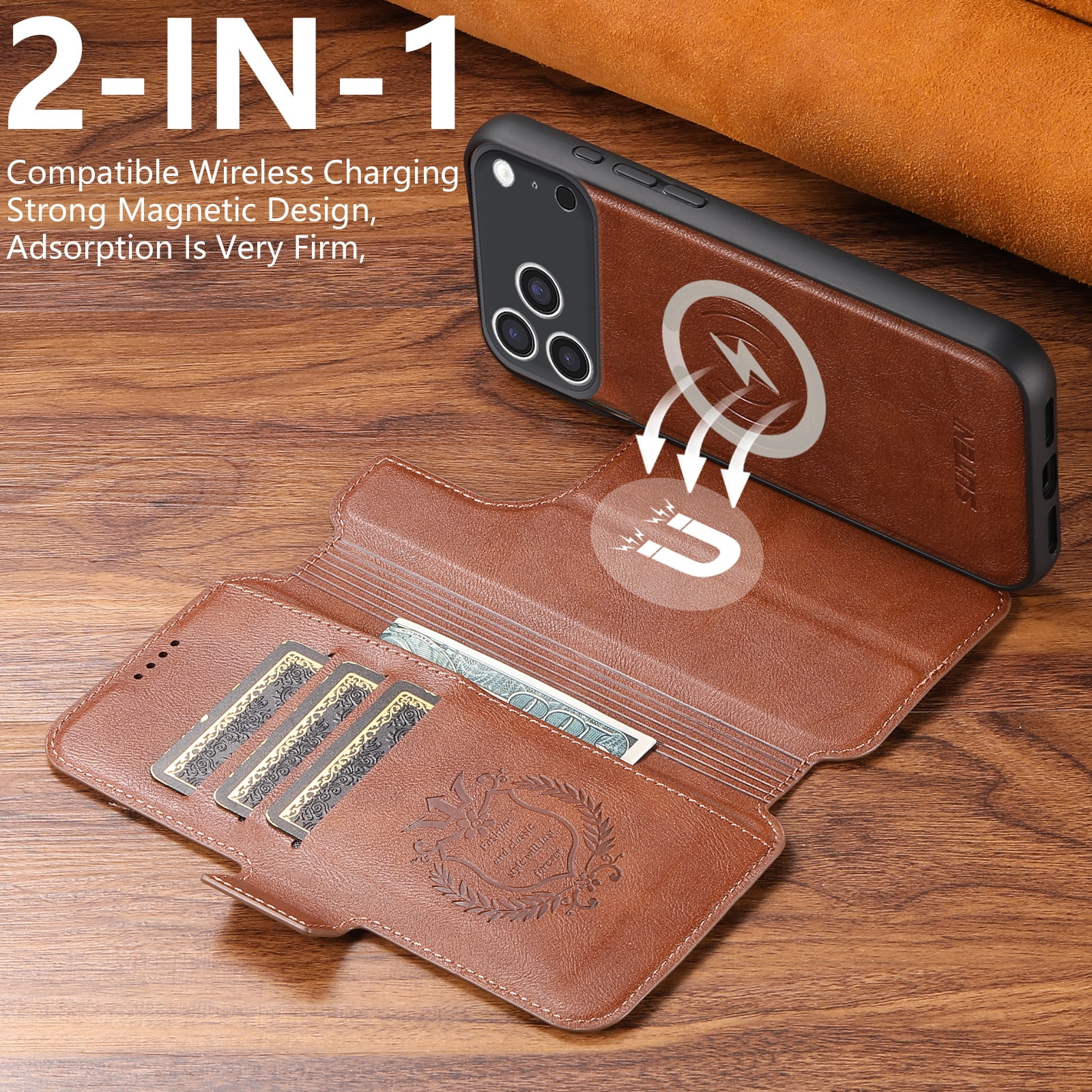 PU Leather for iPhone 17 Pro Max Case, 2 in 1 Detachable Wallet Case with Card Holder, Removable Flip Stand Folio Cover with RFID Blocking Phone Cover [Compatible with MagSafe],Brown