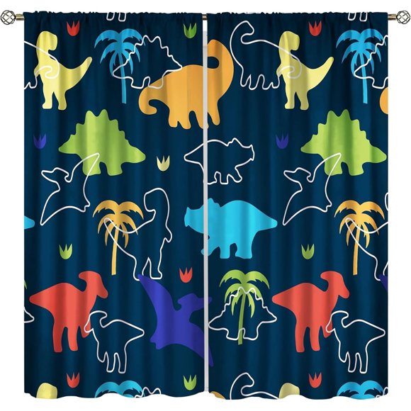 Rideaux Dinosaures pour Garçons, Habillages de Fenêtre Dinos Dessin Animé pour Chambre d'Enfant, Déco de Nurserie, Mignons, Drôles et Colorés, Art d'Animaux de Safari Imprimé, Ensembles de Rideaux de Fenêtre pour Salon 2 Panneaux, 42x63 Pouces