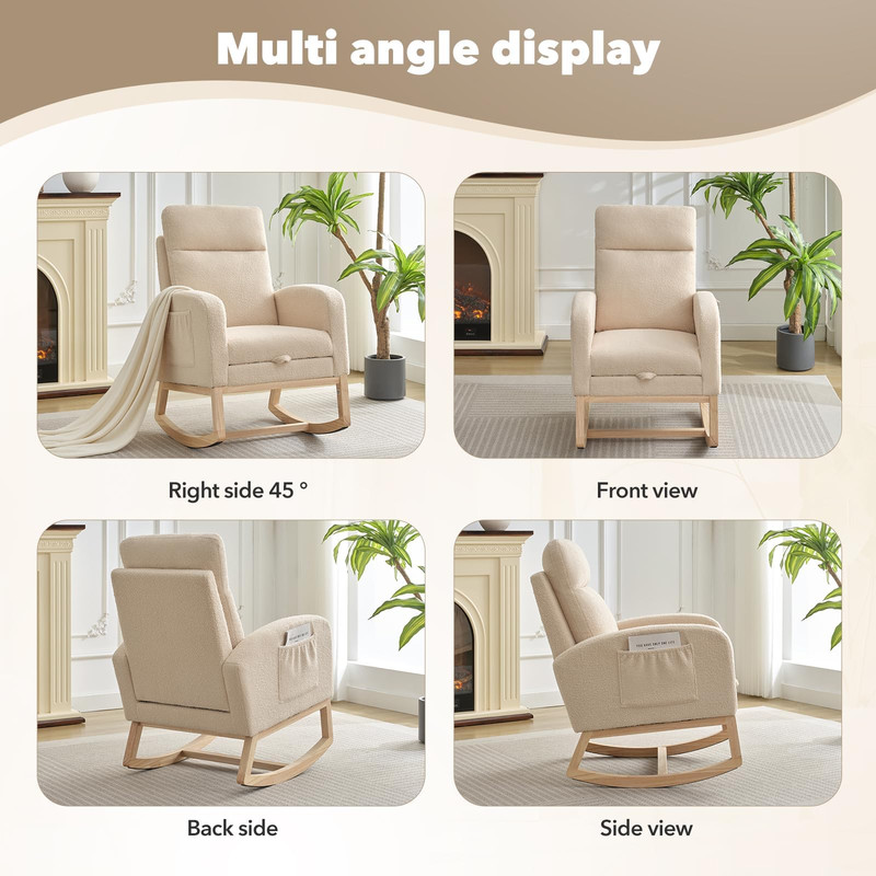 Towallmark Nursery Rocking Chair, Nursing Glider Chair with Footrest, High Backrest Rocker for Mom, Upholstered Lounge Chair with Solid Wood Base, Living Room Bedroom Nursery