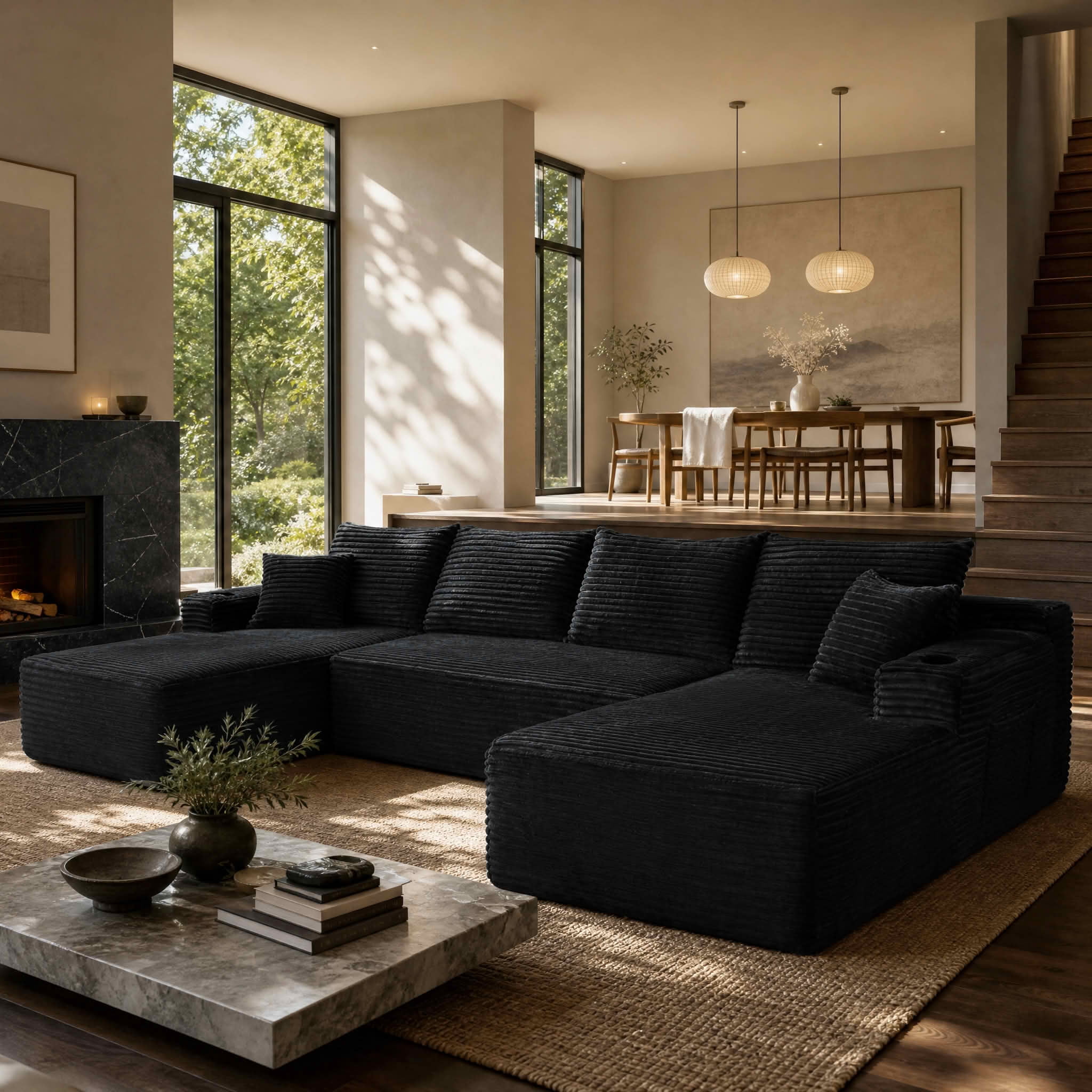 MAYEERTY 134 Inch Black Cloud Sectional Sofa, U-Shaped Modular Plush Corduroy Couch with Cup Holder & Side Pockets, 5-Seater Deep Seating Sofa No Assembly Required for Living Room Bedroom