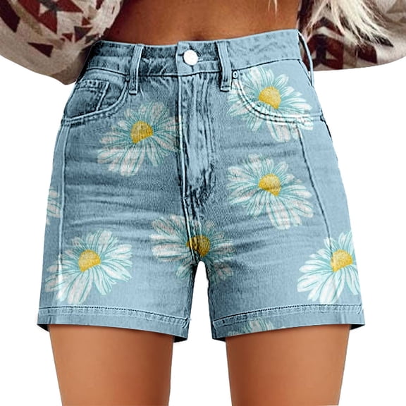 KALE Jean Shorts Womens Casual High Waist Denim Relaxed Fit ArtRetro Printed Floral With Pockets Denim Shorts Women Short Light Blue
