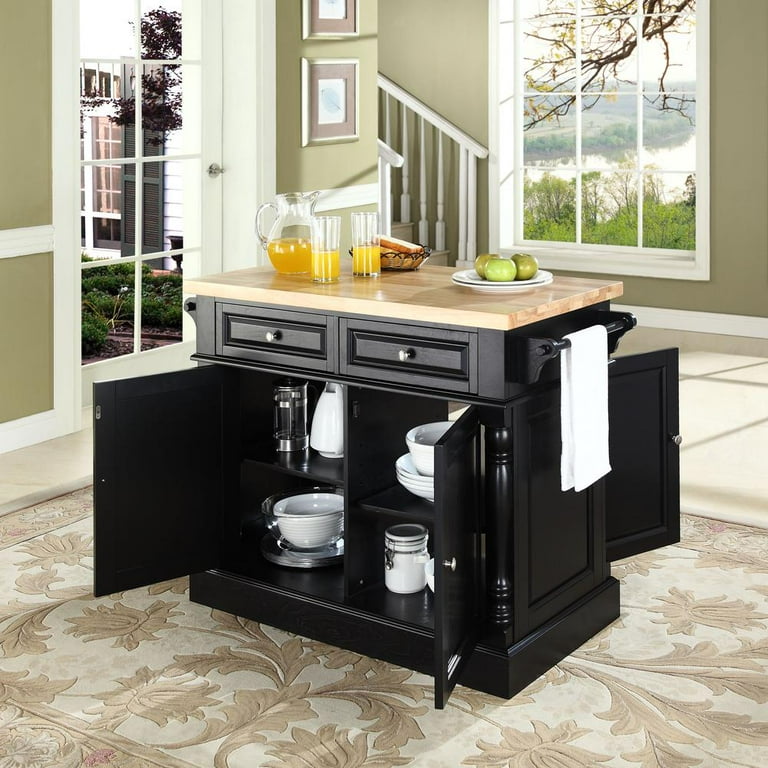 Oxford Black Finish Kitchen Island with Butcher Block Top and Wood