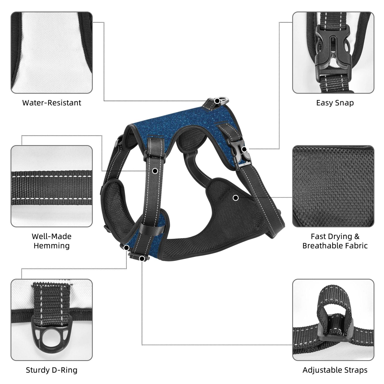 Fuzoiu Deep Blue Glitter Print Reflective Dog Harness,Adjustable, Breathable Pet Vest,Dog Harness No Pull,No Choke Pet Vest for Small, Medium, and Large Dogs-Large