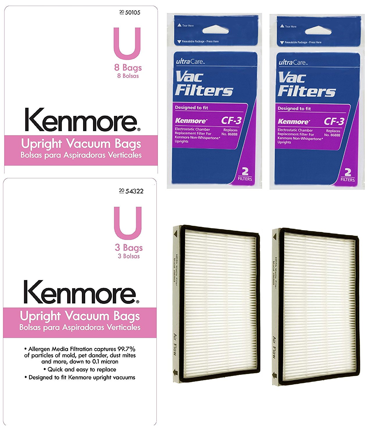 1 Year Supply Kit For Kenmore Bagged Upright Vacuums, (11) Type U Bags