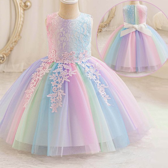Trendfront Girls Pageant Dress Crew Neck Sleeveless Multicolor Rainbow Tiered Mesh Tulle Tutu Stage Performance Party Gown