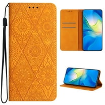 for iPhone 16e Wallet Case, PU Leather Protective Case Embossed Folio Magnetic Card Slots Holder Kickstand with Wrist Strap Shockproof Slim Flip Case for iPhone 16e, Yellow