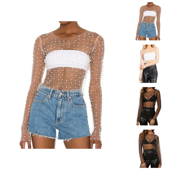 Swimsuit Coverup for Women Sheer Mesh Pearl Rhinestone Long Sleeve Crewneck Slimming Shirt Beach Cover Up