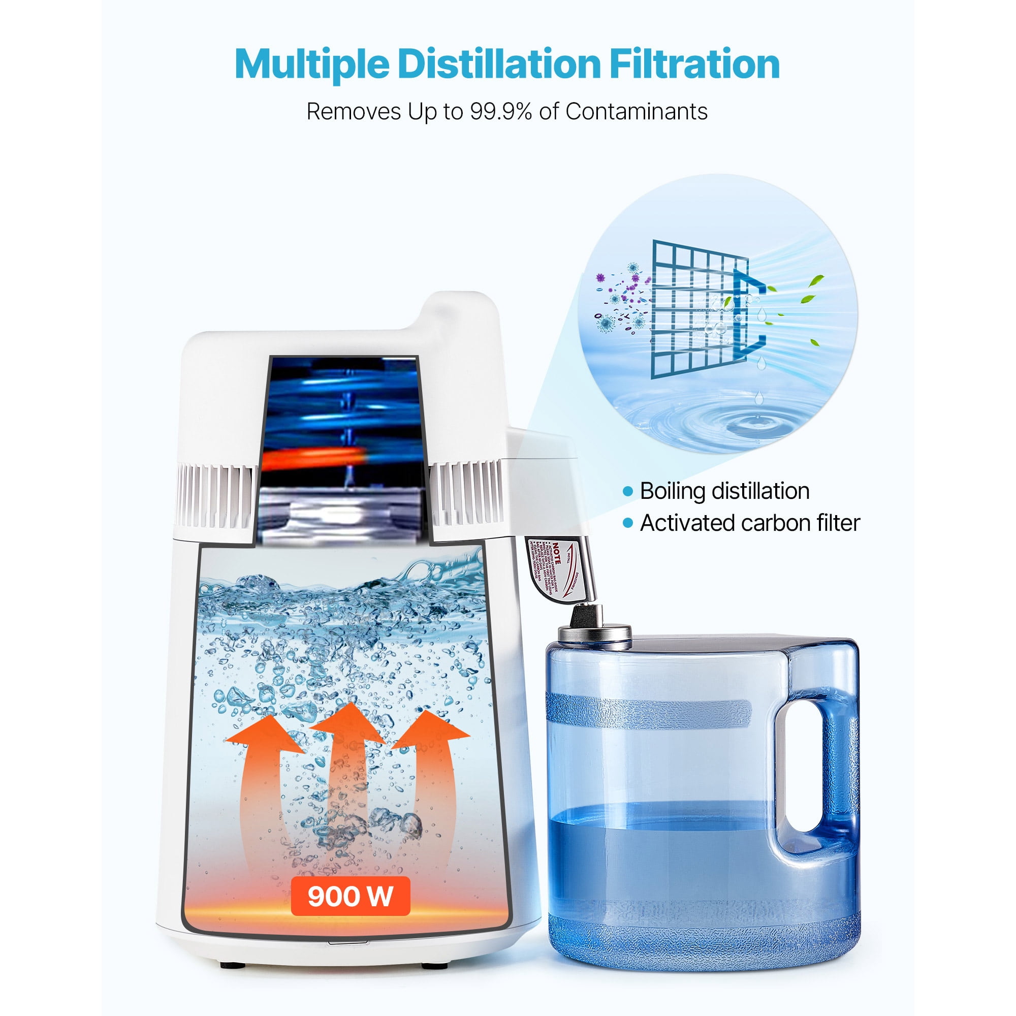KFFKFF 6L 1.6 Gallon Water Distiller, Home Countertop Purifier with 900W Power, Plastic Exterior and Stainless Steel Interior for Clean Drinking Water, White