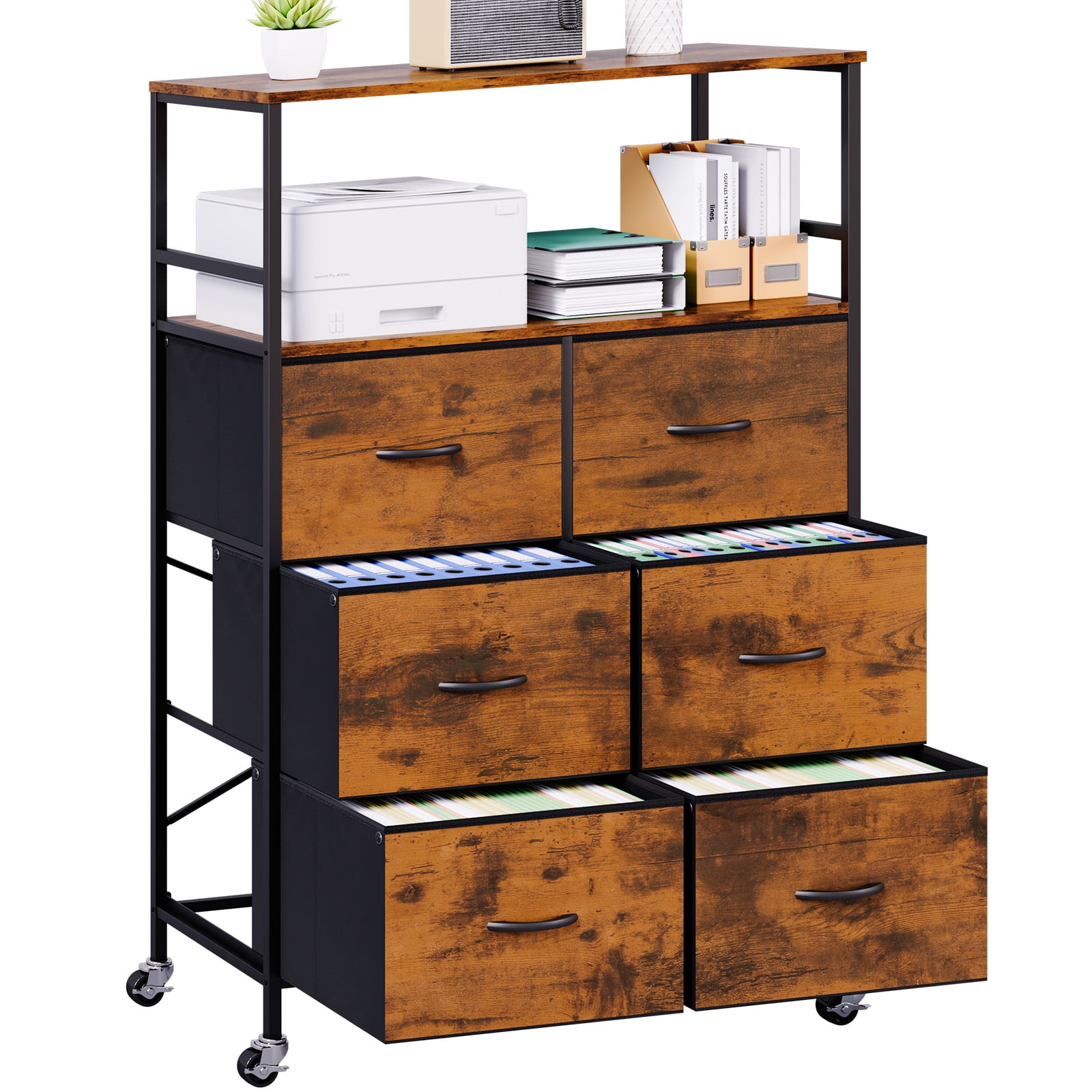 File Storage Cabinet with Adjusted Size 6 Drawers,4 Wheels Vertical Wood File Cabinet for Hanging A4/F4/Letter/Legal Rustic Brown