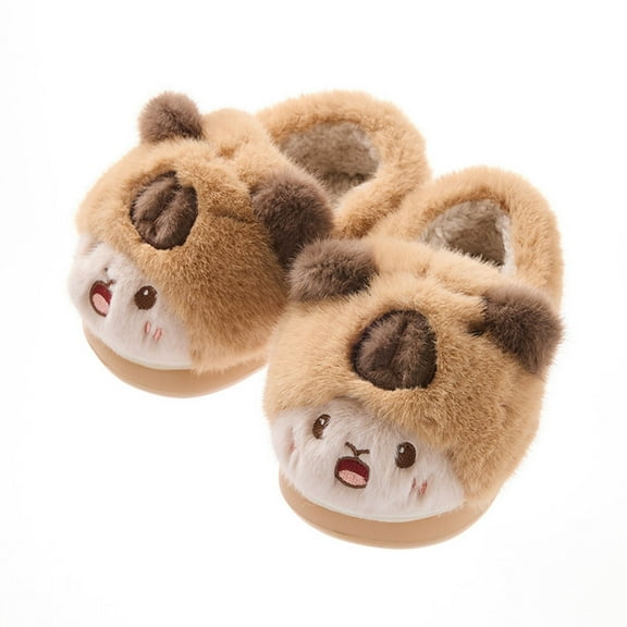 Zwiiyzr Toddler Boys Girls Slippers Fluffy Little Kids Non Slip House Slippers Warm Fuzzy Cute Animal Home Slipper Khaki 3-4Years