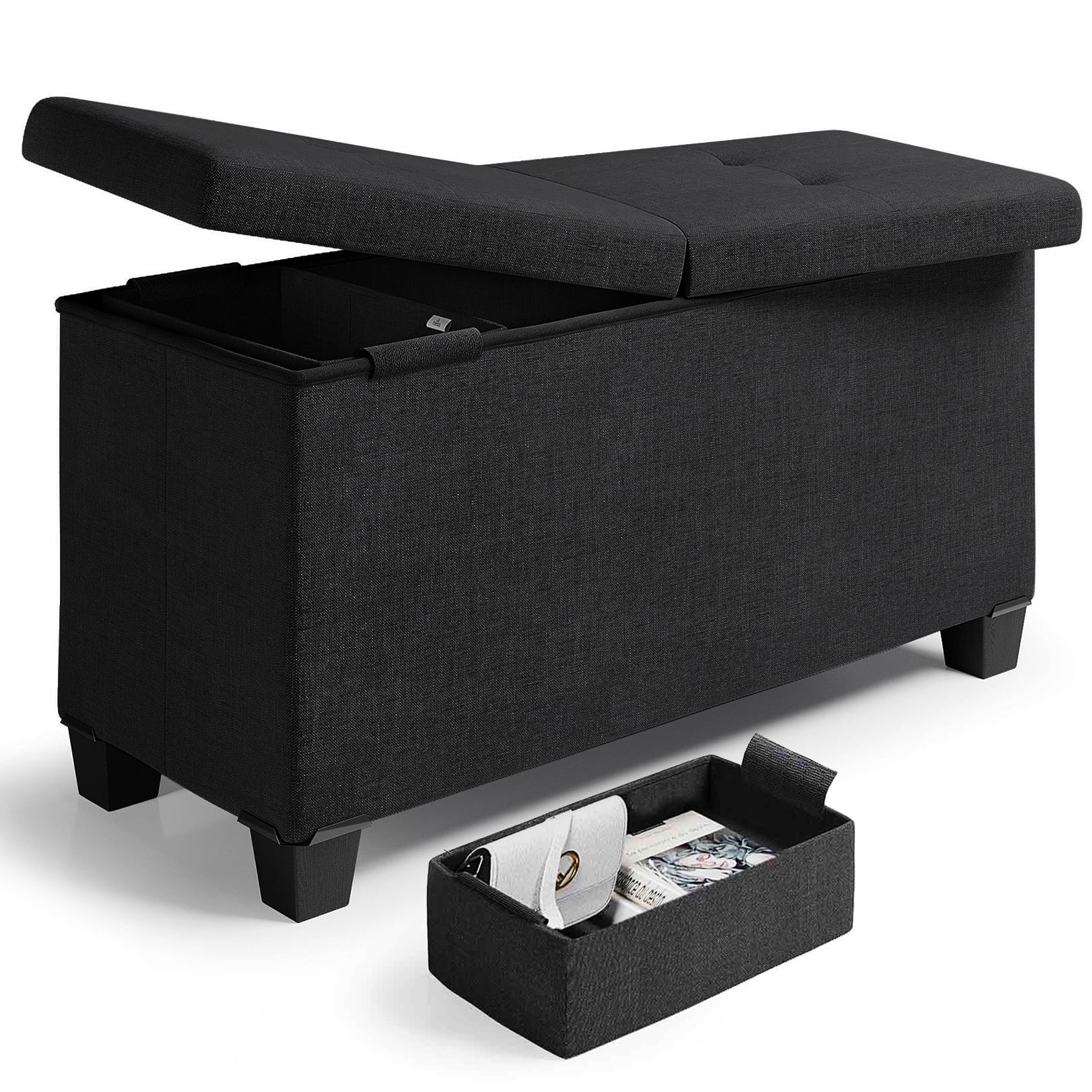 Hearth and Harbor Storage Ottoman Bench, Linen 30" Ottoman With Storage