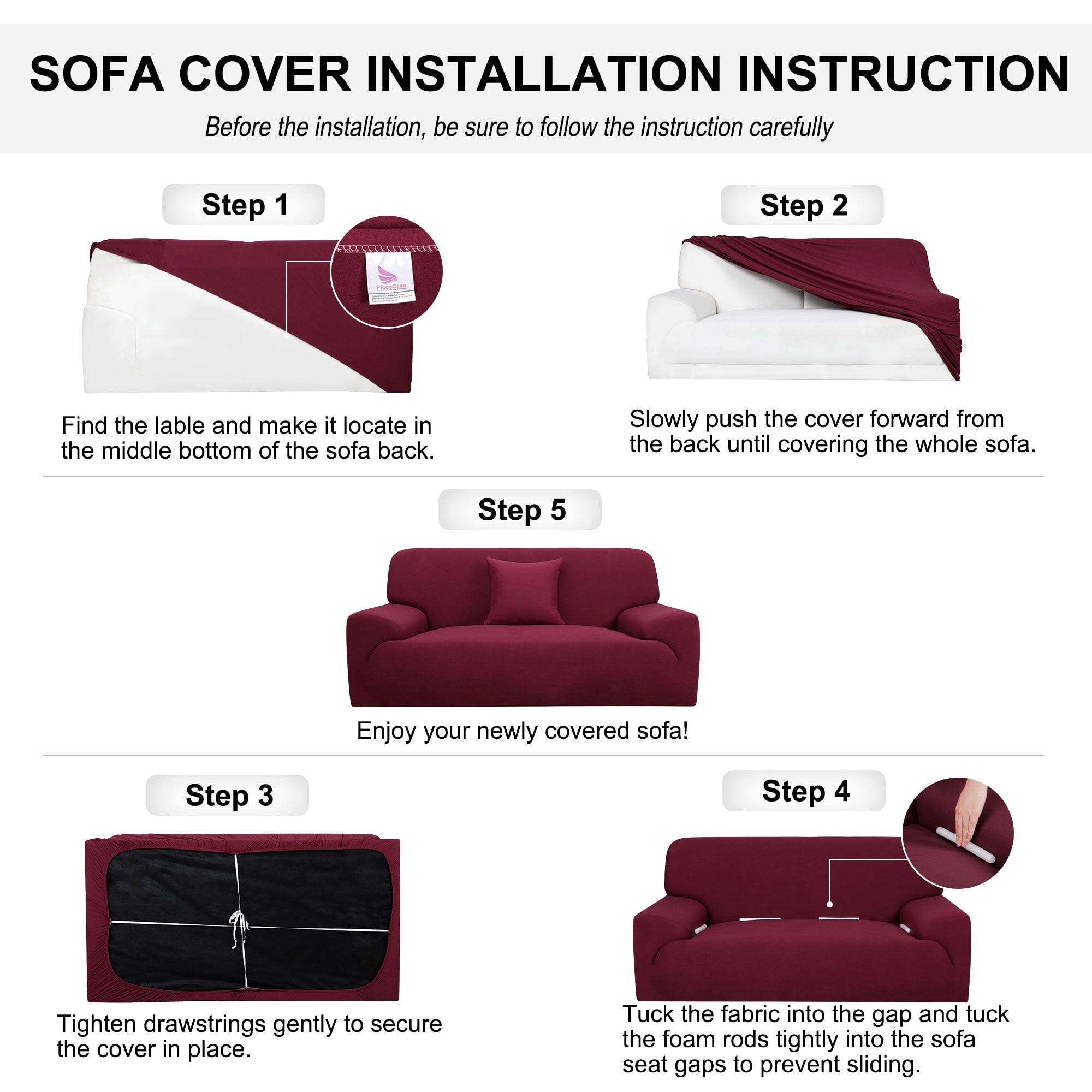 PiccoCasa Thick Stretch Sofa Cover 2 Seater Solid Couch Cover, Burgundy