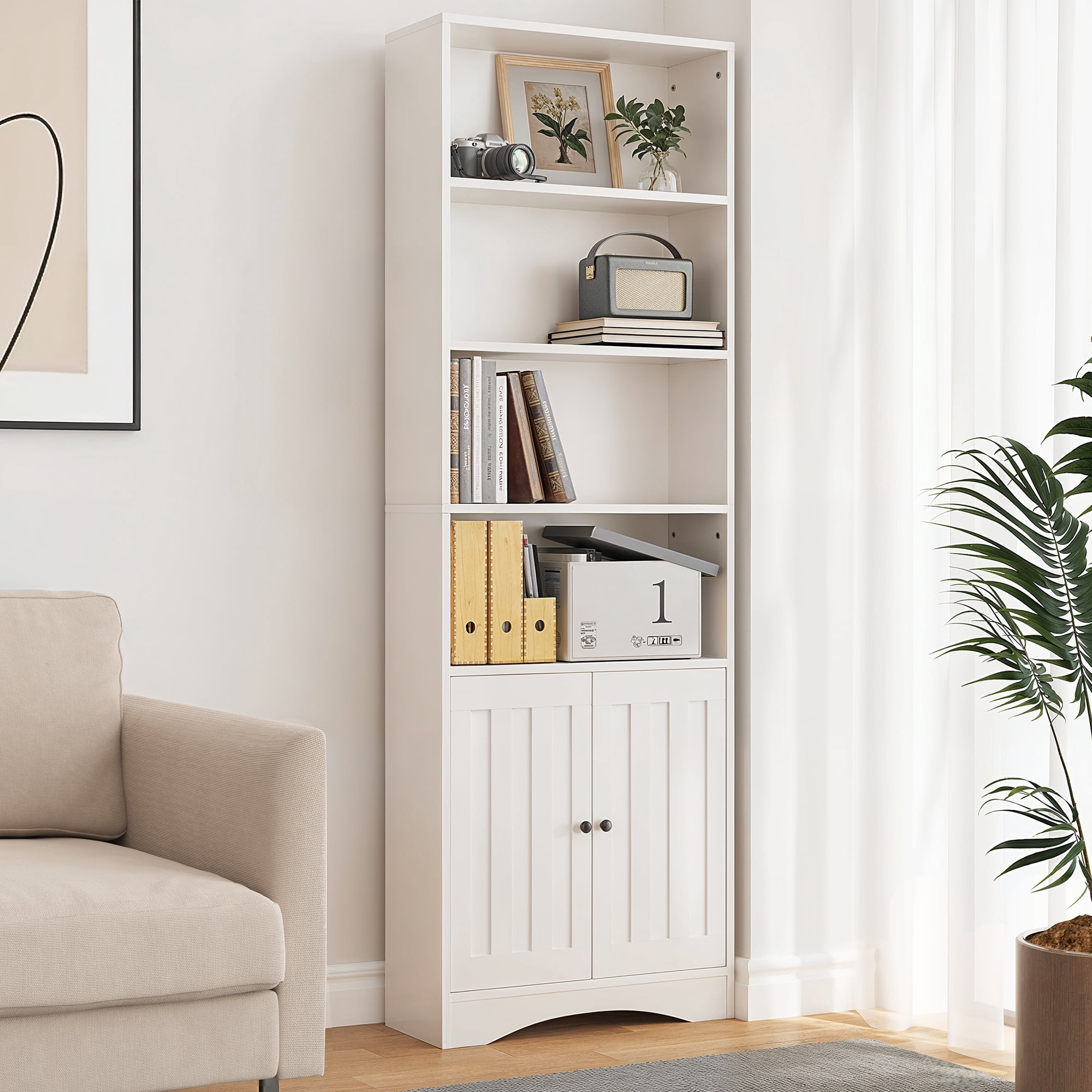 Tall Bookshelf, Lofka Bookcase with Doors , 4 Tier Storage Bookshelf for Home Office, Living Room, White
