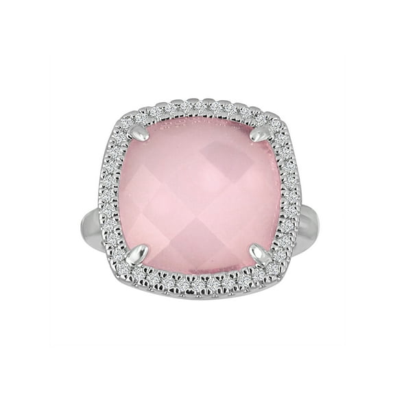 Rose Quartz and CZ Accent Fine Silver-Tone Cushion-Cut Ring