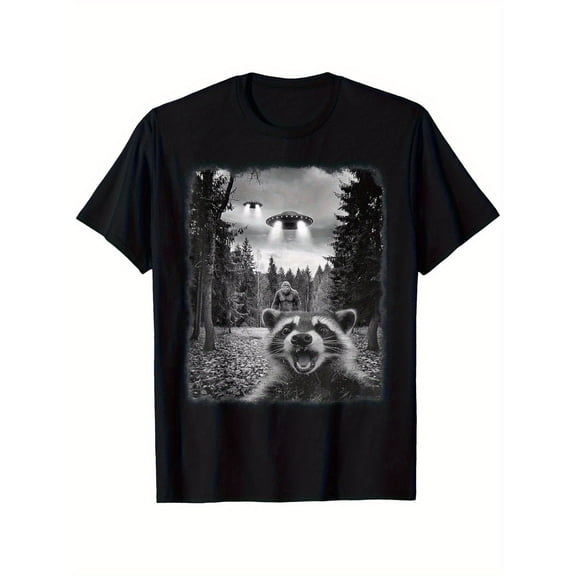 Men'S Funny Sasquatch Raccoon Graphic T-Shirt, Casual Round Neck Short Sleeve Tee with UFO Design