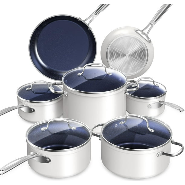 Nuwave Healthy Duralon Blue - Juego de utensilios de cocina antiadherentes de cerámica, con infusión de diamante, resistente a los arañazos, sin PFAS, apto para lavavajillas y horno, listo para inducc
