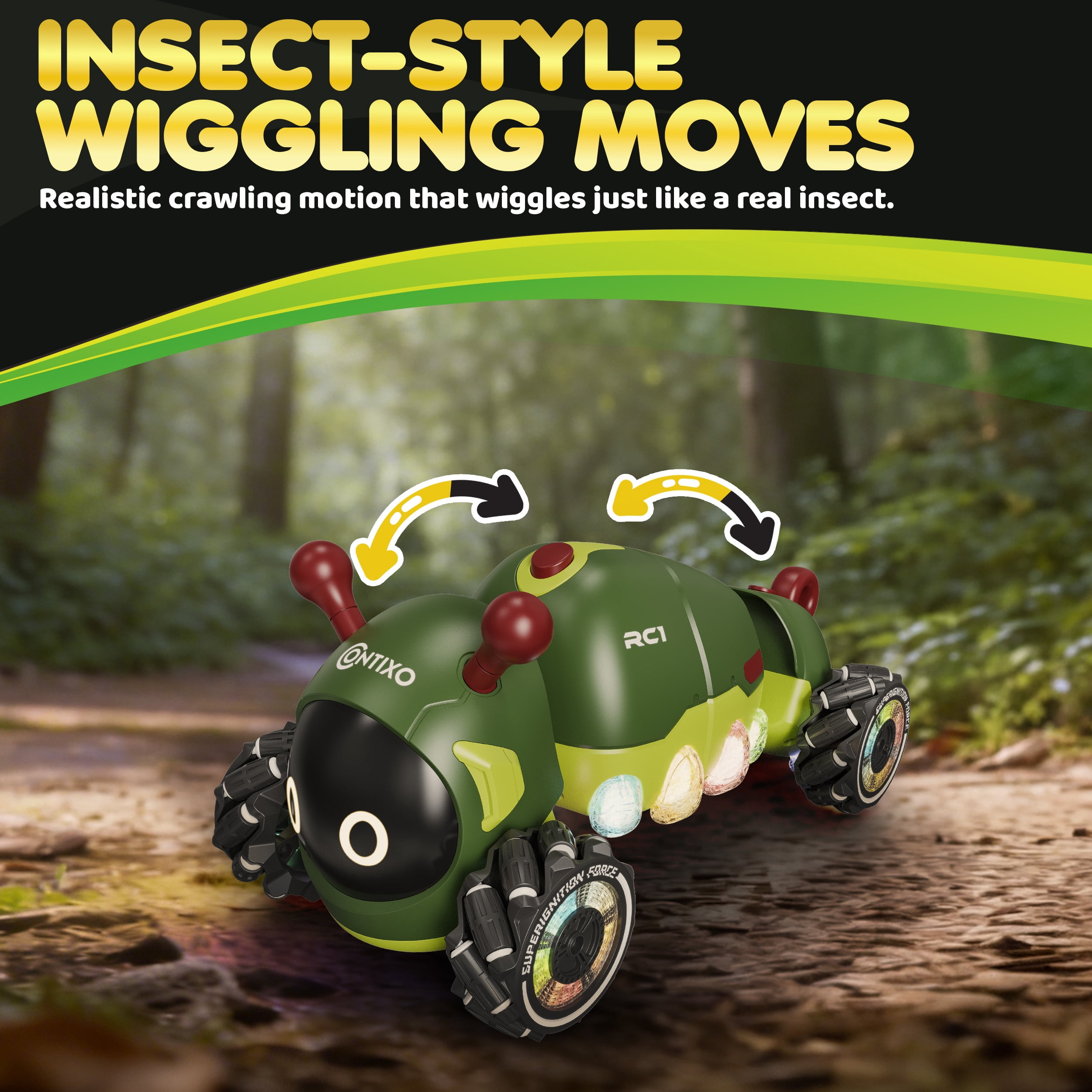 Contixo RC1 Mech Stunt RC Caterpillar Car – Kids Remote Control Car, Omni-Directional 360° Spins, Mist Spray, LED Lights, All-Terrain Stunt Vehicle, Torsion Body, 2.4GHz Remote –Green