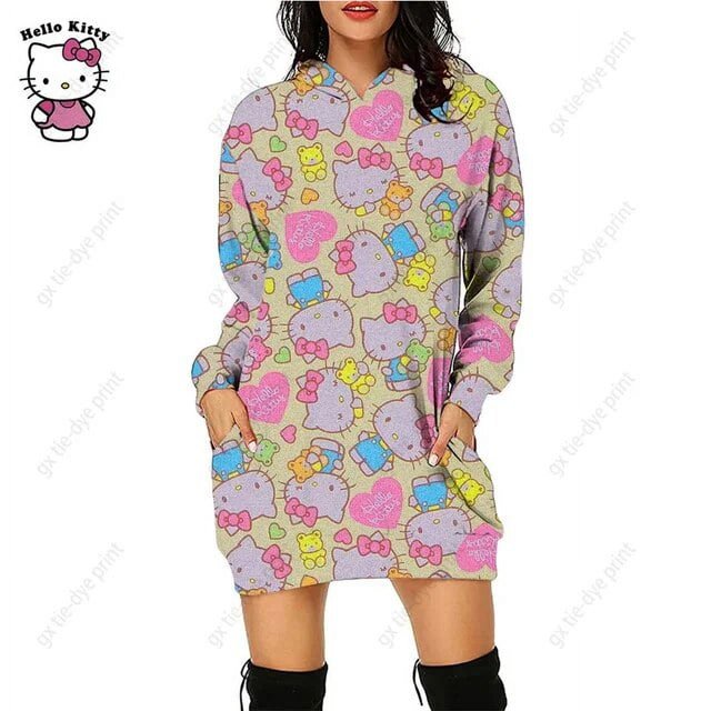 Nouveau Chandail à Capuchon Léopard Hello Kitty Femme Simple Col Rond Polyvalent Chandail Long Bureau Décontracté Ample Chandails à Capuchon Robe d'Automne