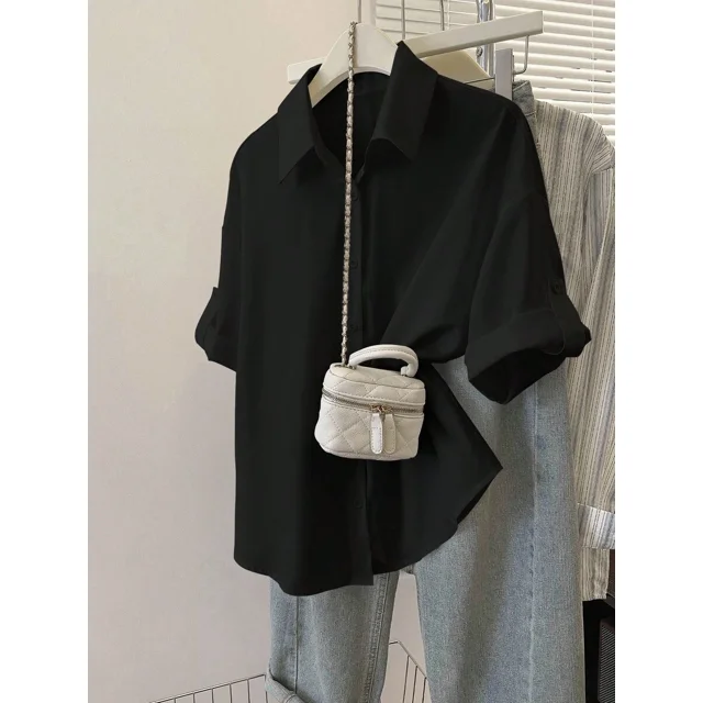 Blusa Casual De Manga Corta Negro Con Botones Para Mujer
