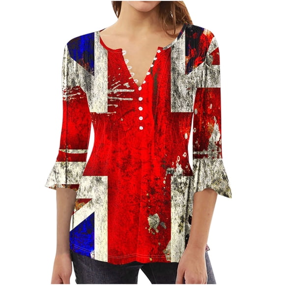 Blusas de Algodón para las Mujeres Impresas 3/4 Mangas V-Cuello Camiseta, Blusa de Algodón de Imitación Casual para las Mujeres
