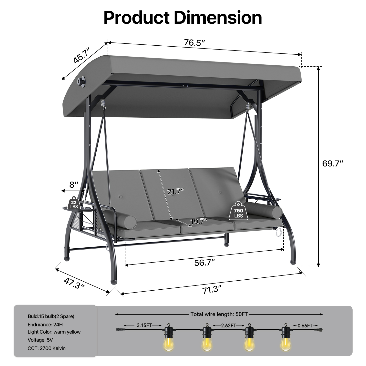 BaPiPro Gray 3-Seat Metal Outdoor Patio Swing with String Lighting, 2-in-1 Convertible Swing Bed, Adjustable Canopy, Removable Cushions & Foldable Side Table for Garden Porch Deck