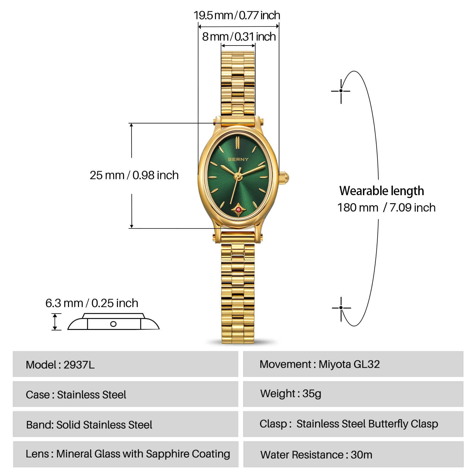 BERNY Small Gold Watches for Women, Dainty Luxury Oval Sunray Dial, Stainless Steel Bracelet Watch, Adjustment Tool Included, Waterproof, Fashion Ladies Analog Quartz Wrist Watch Gifts (Green)