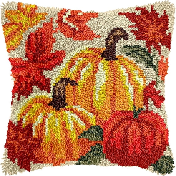 Latch Hook Pillow Kits Pillow Cover Pumpkins & Leaves Pattern Printed Canvas Knitted Hooking Pillowcase Cushion With Zipper Crafts Crochet Home Decor Gift 17x17 inch(c42)