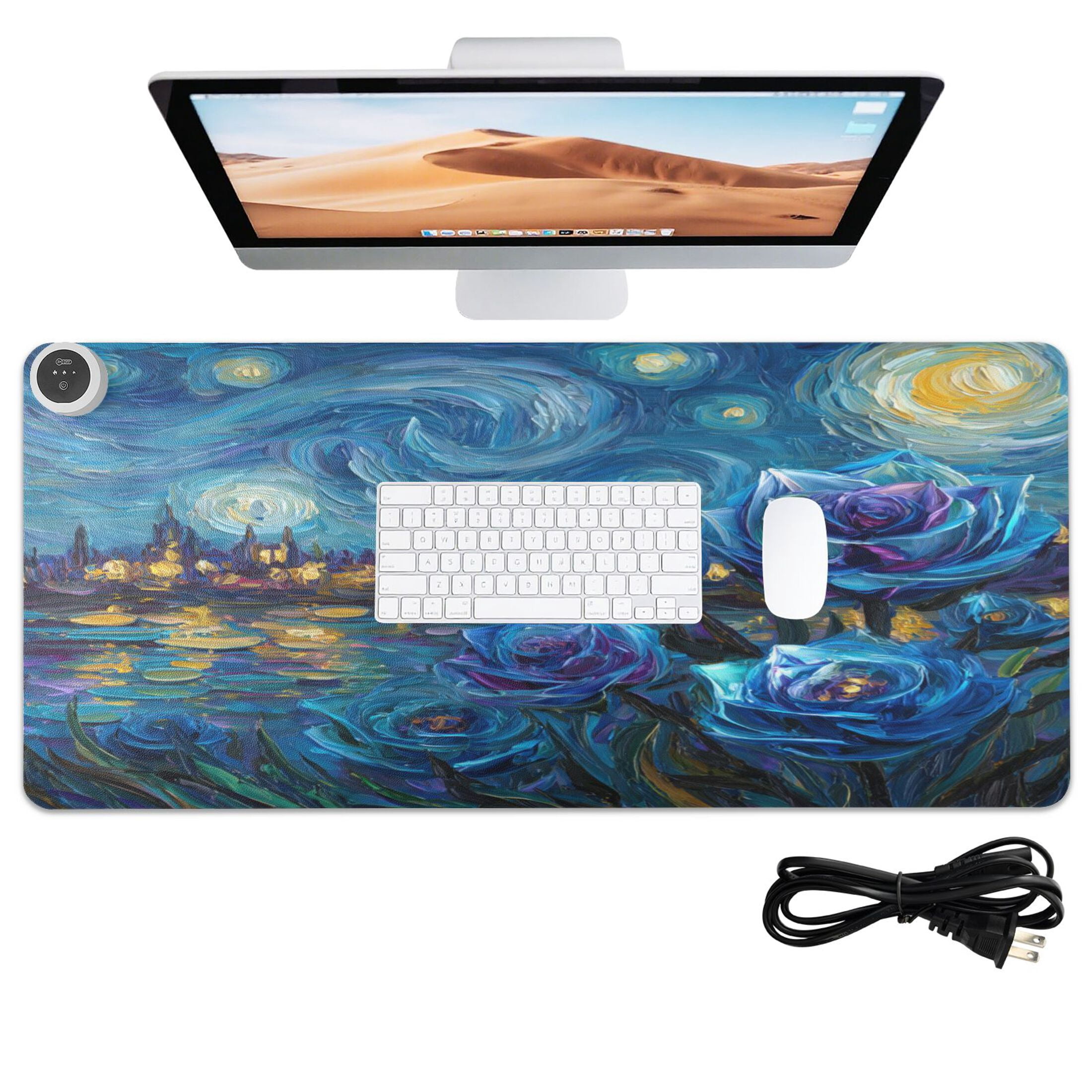 Large Heated Desk Mat Mouse Pad 31.5"x13"PU Leather Graphene Heating Desk Warmer with 3 Temperature Settings 110V US Plug Non-Slip Warm Pad for Home, Office, and Gaming Starry Night Blue Roses