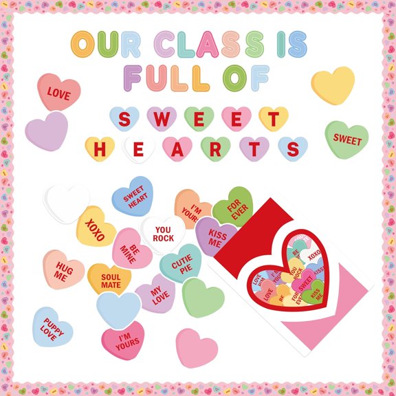 125Pcs Valentines Day Conversation Heart Bulletin Board Classroom Decoration Sweet Candy Heart Cutouts Name Tags Border Trim Valentines Party Supplies School Classroom Wall Door Decor