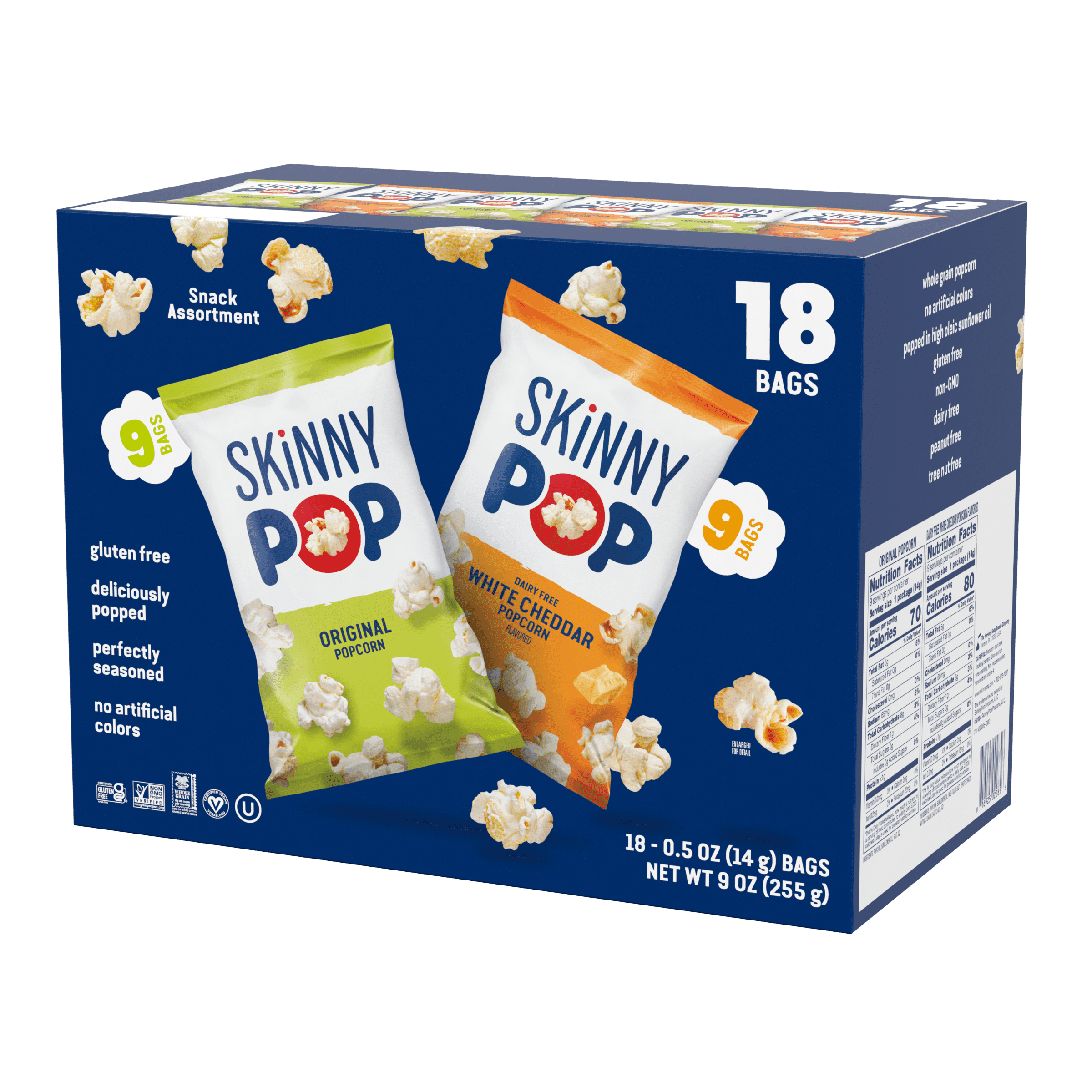 SkinnyPop Gluten-Free Original and Dairy-Free White Cheddar Popcorn Individual Snack Variety Pack, 0.5 oz Bag, 18 Count
