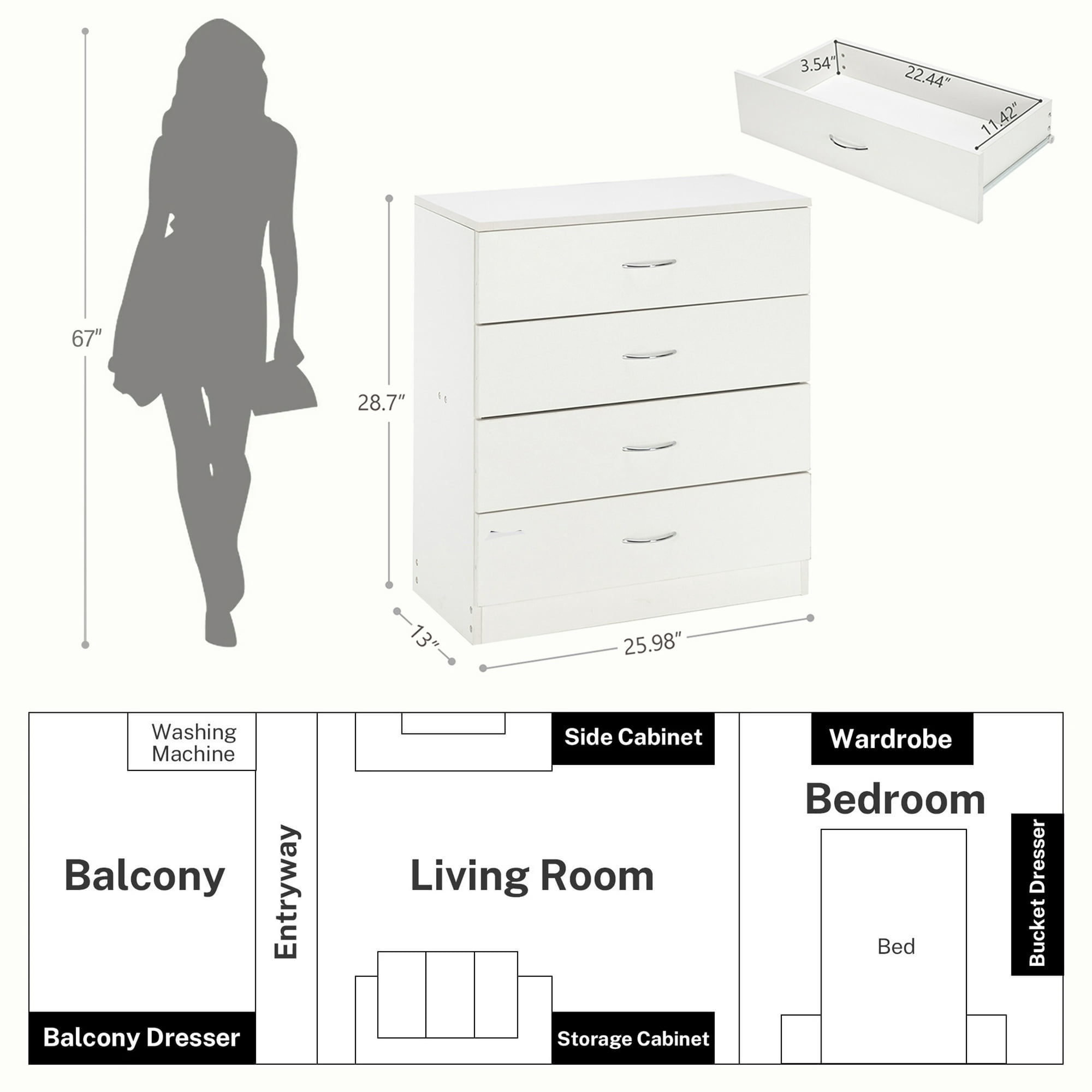 Enyopro 4 Drawer Dresser for Bedroom, White Wooden Chest of Drawers, Modern 4 Drawer Chest Storage Dresser for Closet, Living Room, Hallway