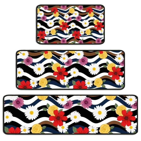Pioneer Flower Floral Print Pattern Kitchen Rugs Sets Of 3,Kitchen Runner Rugs Non Skid Washable,Decorative Kitchen Floor Mats for Kitchen,Sink,Laundry,17X30 Inch 17X47 Inch 17X59 Inch