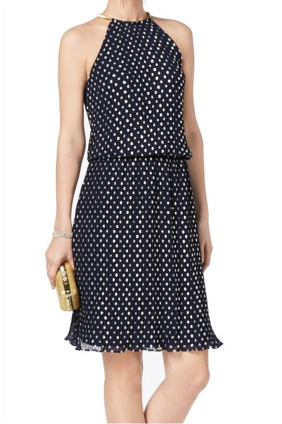 Gold Womens Polka Dot Halter Pleated Shift Dress 16
