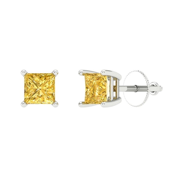 0.5 ct Screw-Back Stud Earrings for Women | 3.5mm Princess Cut Simulated Yellow Diamond | 18K White Gold
