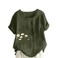 thumbnail image 3 of Back to School Prime Sales BiZtdJrK Women's Floral Printed Cotton Linen Short Sleeve Shirt Summer Crewneck Button Down Blouses Comfy Loose Fit Tops Vacation Outfits Army Green M, 3 of 5