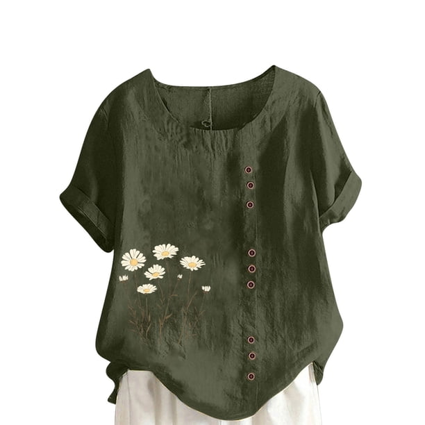 Camisetas de Manga Corta para las Mujeres Impreso Botón de Manga Corta Camiseta Blusa Poliéster, Ropa Casual Mirar Superior para las Mujeres