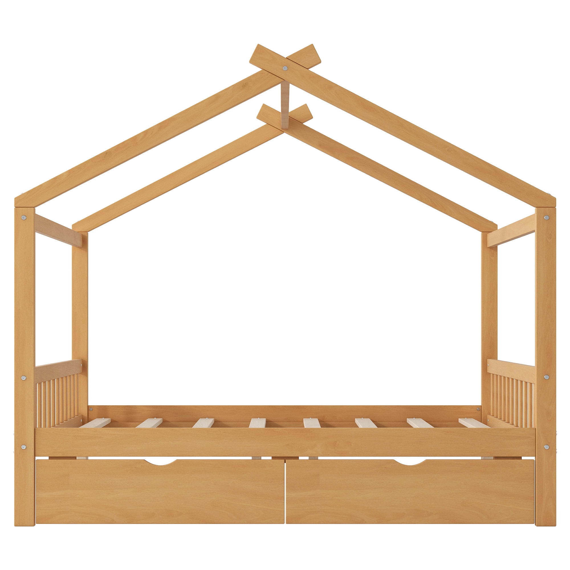 EUROCO Full Size House Bed with Two Drawers for Kids, Solid Wood Platform Bed for Living Room, Natural