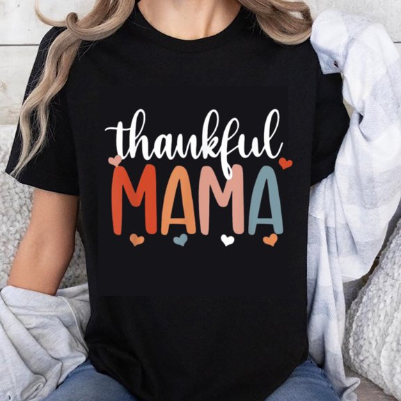 100% Cotton Thankful Mama Shirt Women's Thanksgiving Holiday Tee Cute Mother Gift Comfortable Casual Top for Moms