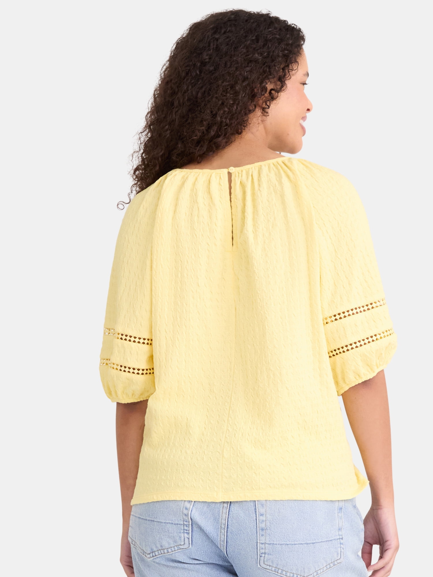 Time and Tru Women's Lace Trim Top with Puff Sleeves, Sizes XS-XXXL