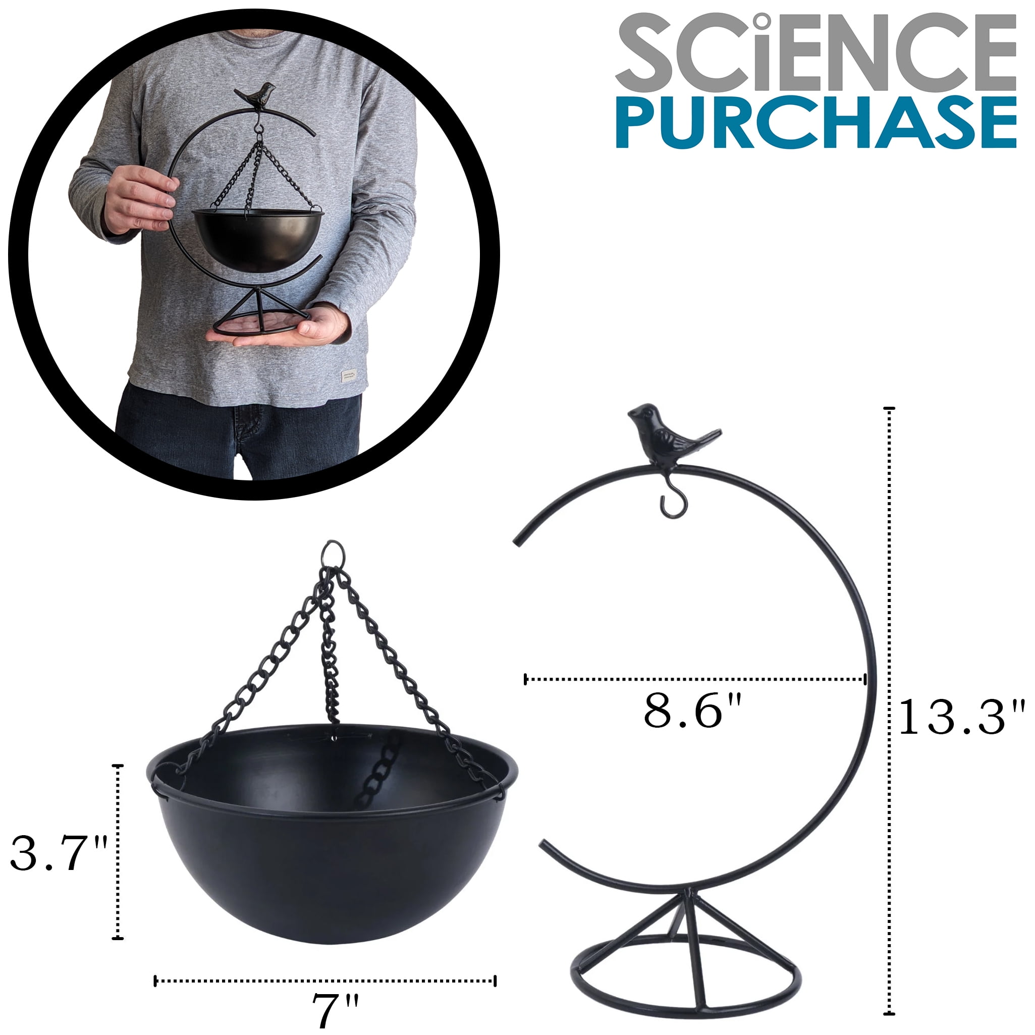 Science Purchase Elegant Matte Black Metal Bird Floor-Standing Indoor Planter with Hanging Bowl for Small Plants, 13-inches Tall x 8.6-inches Wide
